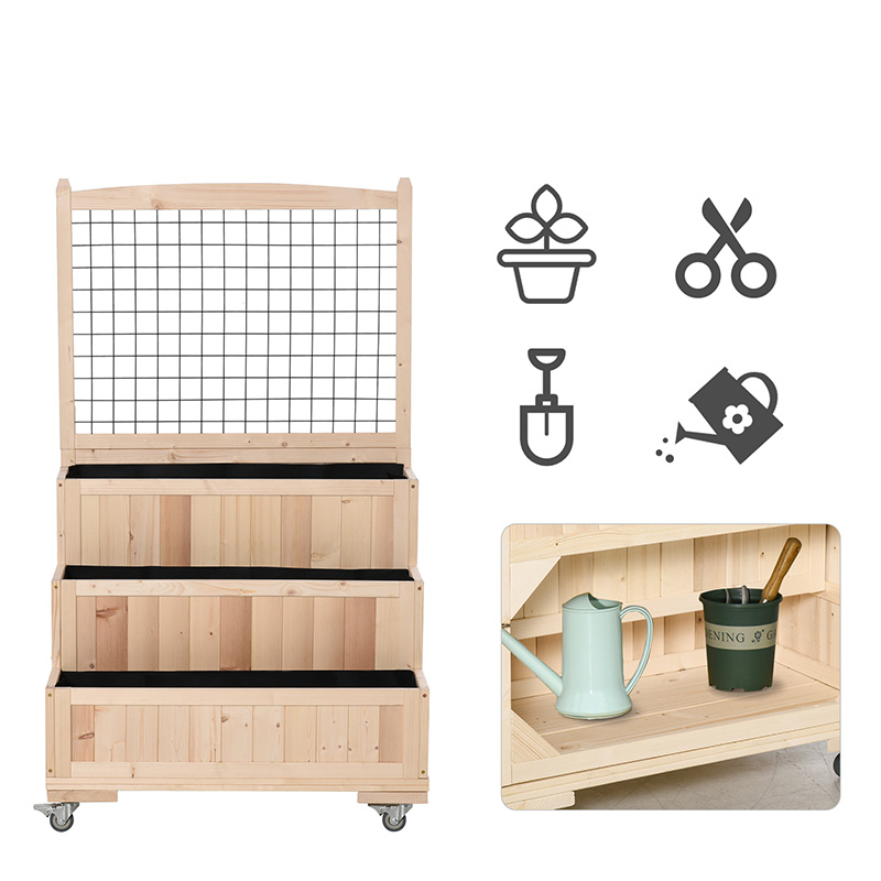 Pat de grădină înălțat din lemn cu 3 niveluri, cu roți, spalier, zonă de depozitare din spate, ușor de mutat pentru flori, ierburi, natural