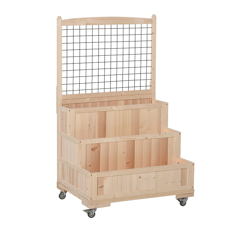 Pat de grădină înălțat din lemn cu 3 niveluri, cu roți, spalier, zonă de depozitare din spate, ușor de mutat pentru flori, ierburi, natural