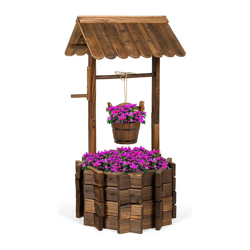 Jardinieră rustică din lemn pentru puțul dorințelor decor exterior pentru terasă, grădină, curte cu găleată suspendată Jardinieră rustică din lemn pentru puțul dorințelor decor exterior pentru terasă, grădină, curte cu găleată suspendată