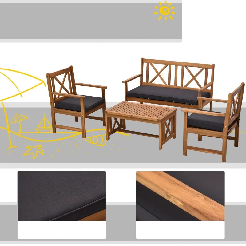 Set de mobilier de exterior din lemn de salcâm din 4 piese cu 2 fotolii, 1 canapea și 1 măsuță de cafea, perne incluse