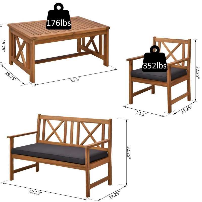 Set de mobilier de exterior din lemn de salcâm din 4 piese cu 2 fotolii, 1 canapea și 1 măsuță de cafea, perne incluse