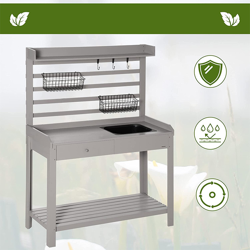 Masă de bancă pentru ghiveci, stație de lucru de grădină cu ecran de sită, chiuvetă și coșuri detașabile