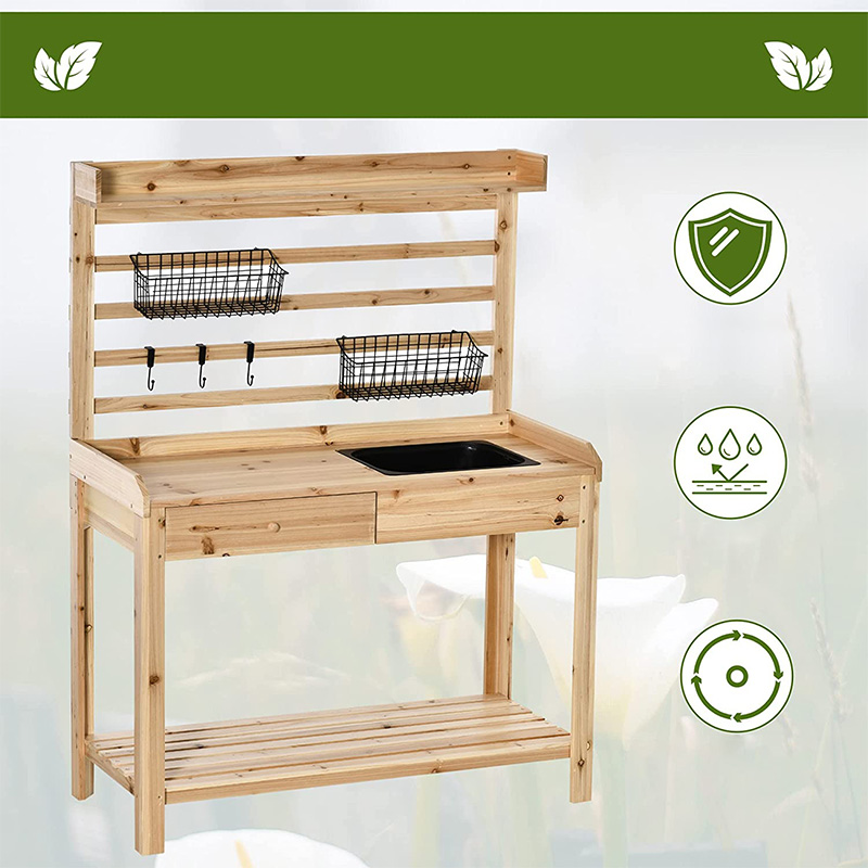 Masă de bancă pentru ghiveci, stație de lucru de grădină cu ecran de sită, chiuvetă și coșuri detașabile