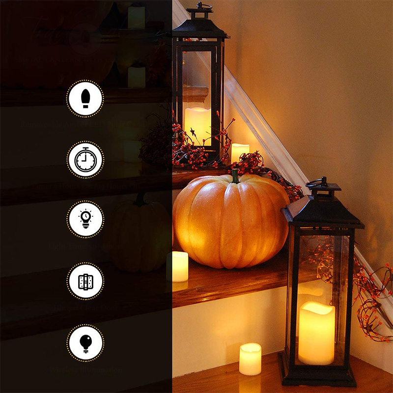 Lanternă din metal cu lumânare care funcționează cu baterii - neagră tradițională, lanternă de 17 inchi