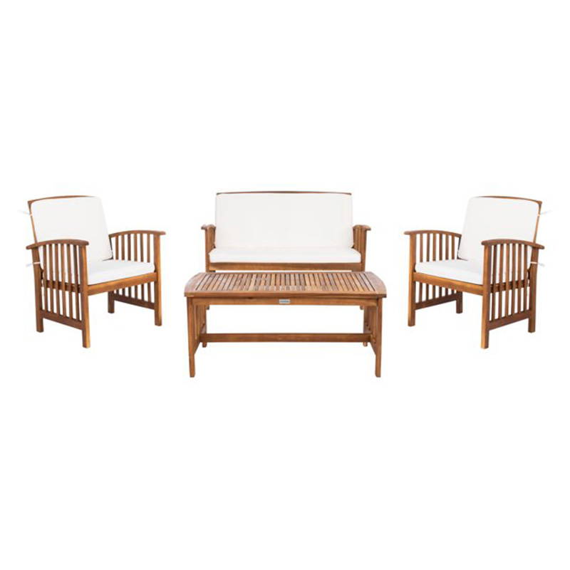 Set de mobilier de exterior din lemn de salcâm din 4 piese cu 2 fotolii, 1 canapea și 1 măsuță de cafea, perne incluse
