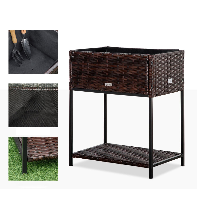 Cutie de jardiniera din ratan pentru interior/exterior, cu suport de depozitare a sculelor dedesubt și zonă de lucru ridicată, robustă, 28' H