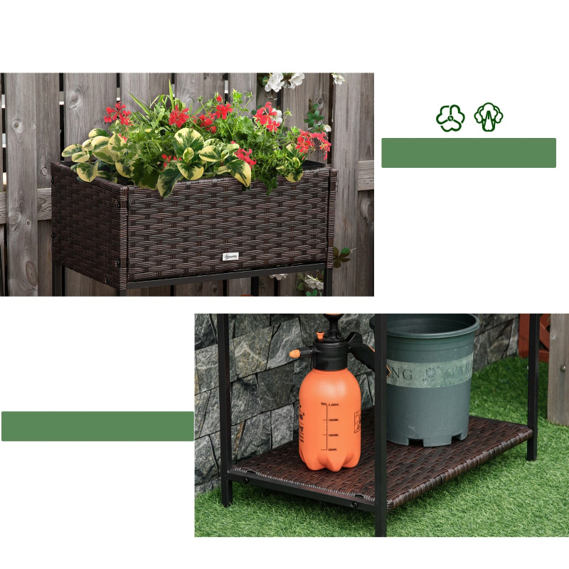 Cutie de jardiniera din ratan pentru interior/exterior, cu suport de depozitare a sculelor dedesubt și zonă de lucru ridicată, robustă, 28' H