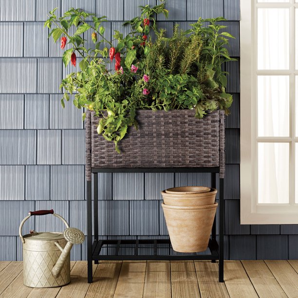 Cutie de jardiniera din ratan pentru interior/exterior, cu suport de depozitare a sculelor dedesubt și zonă de lucru ridicată, robustă, 28' H