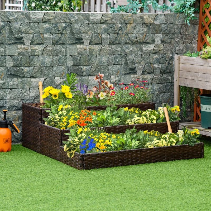 Cutie de jardiniera din ratan pentru interior/exterior, cu suport de depozitare a sculelor dedesubt și zonă de lucru ridicată, robustă, 28' H